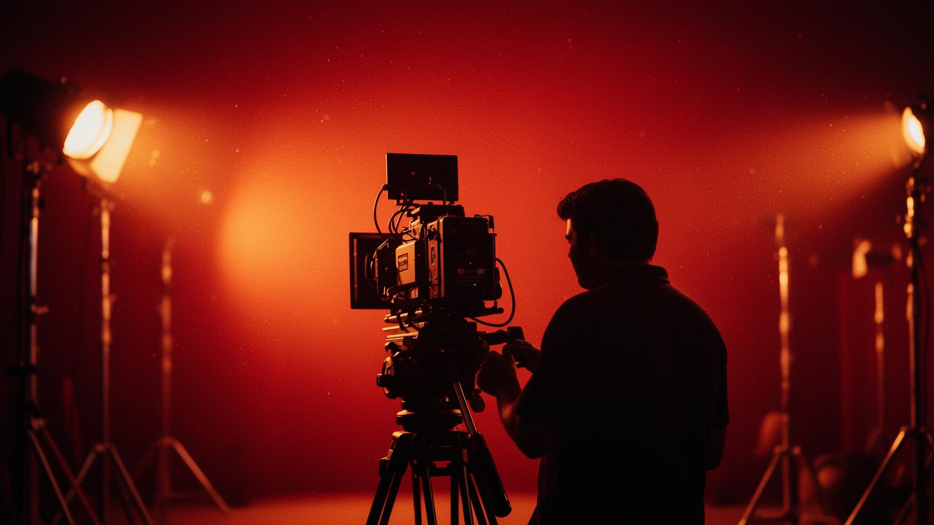 Cinematic Indian film set with cinematographer at golden hour